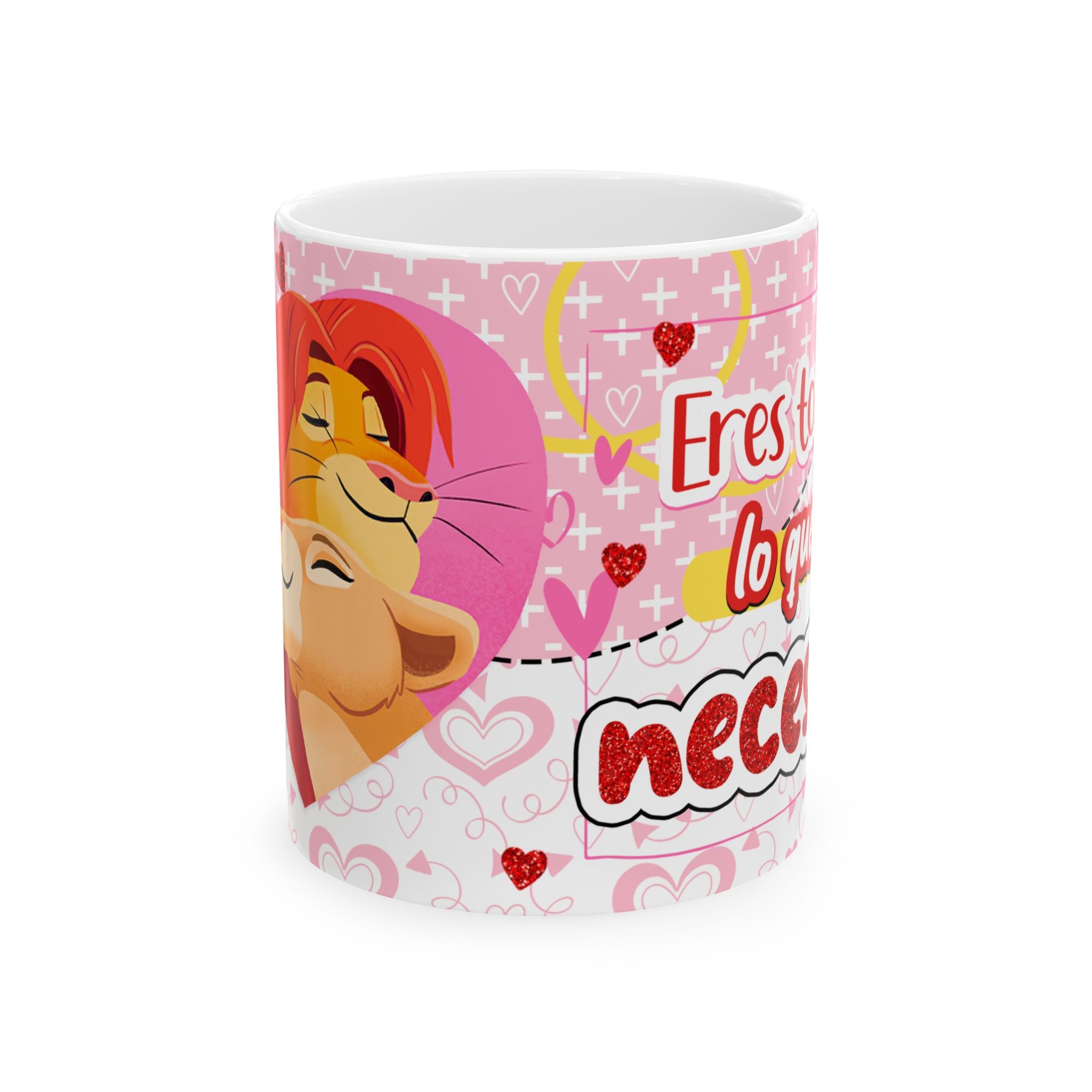 Valentine’s Lioness & Cub Ceramic Mug — "Eres lo que necesito" Pink Heart Gift (11oz/15oz)