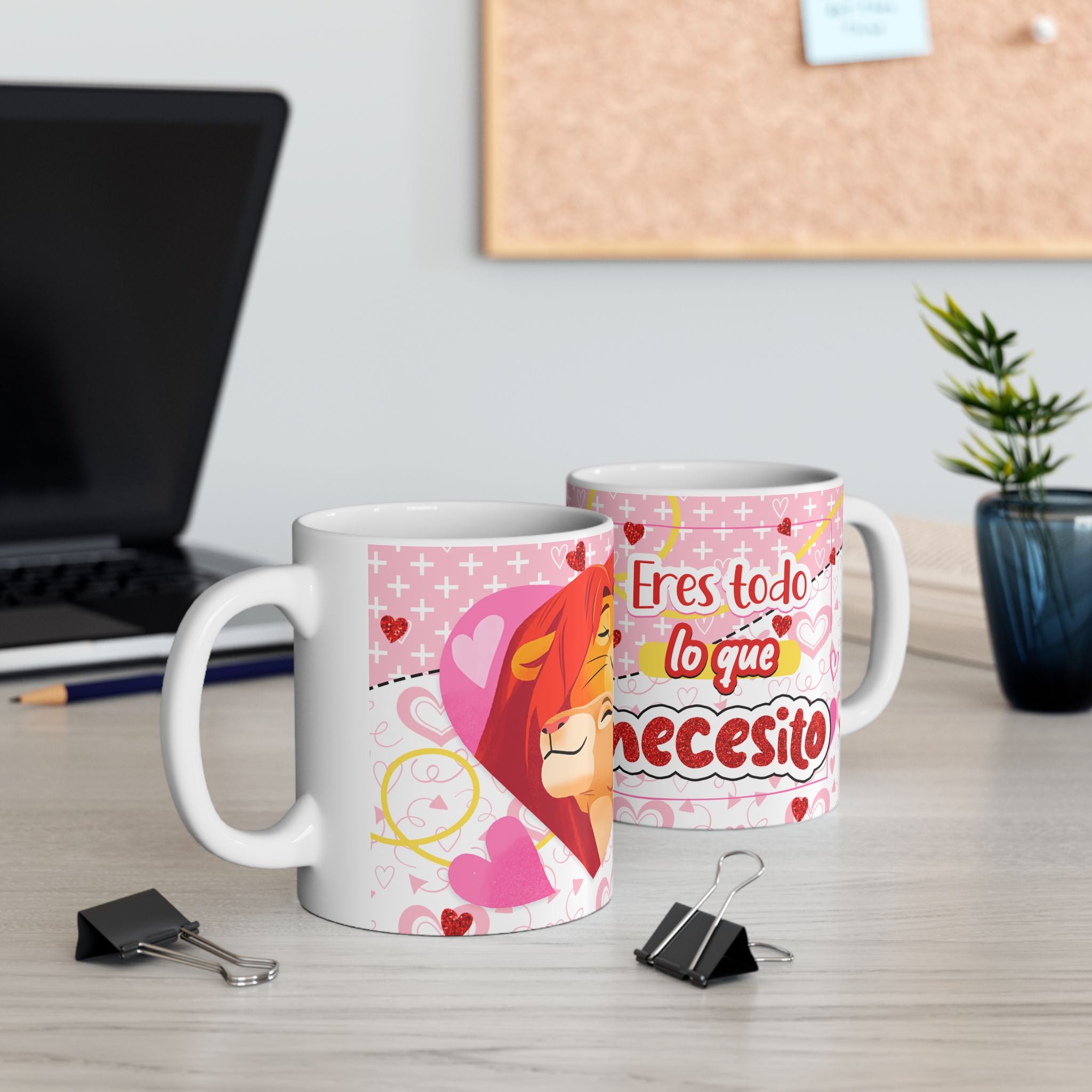 Valentine’s Lioness & Cub Ceramic Mug — "Eres lo que necesito" Pink Heart Gift (11oz/15oz)