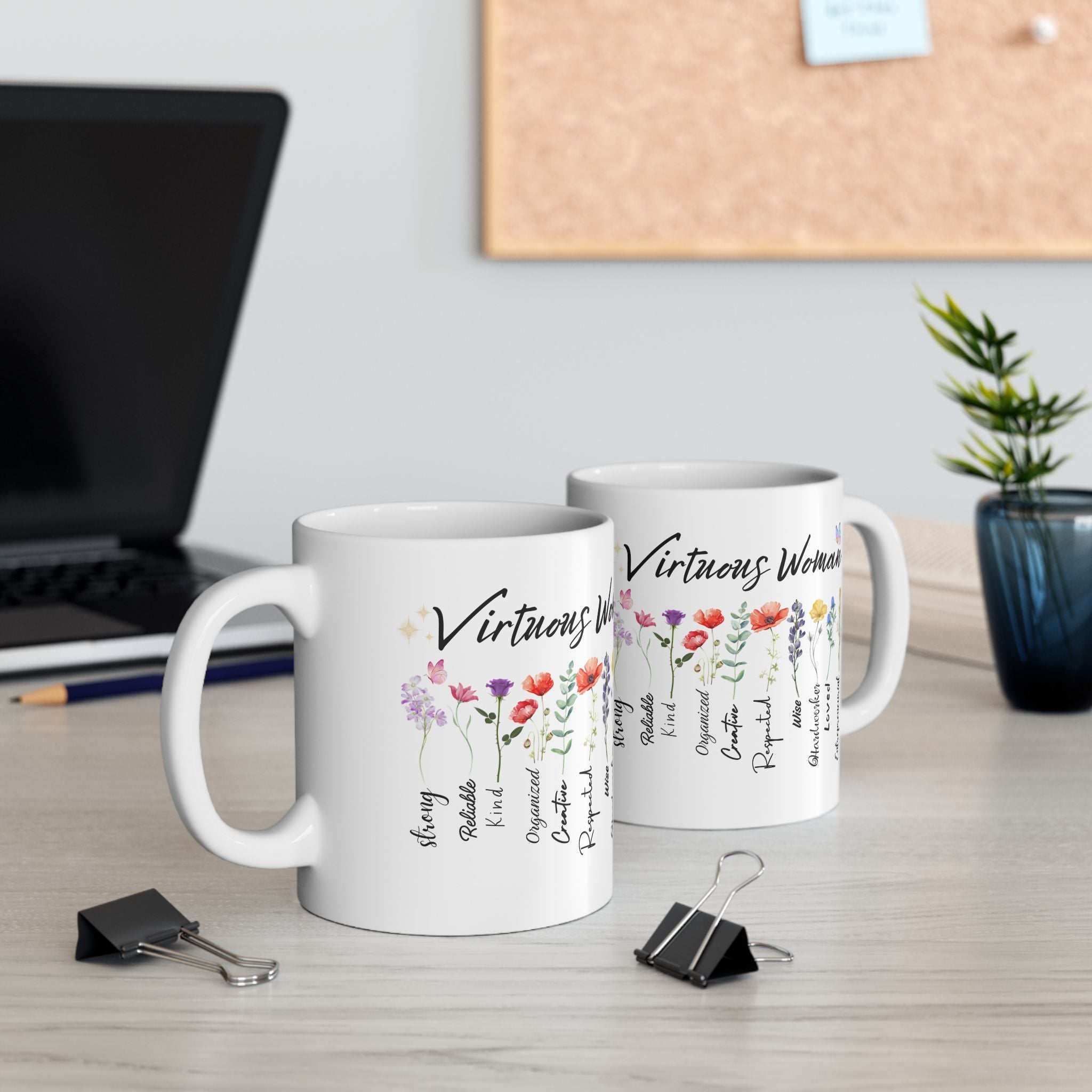 Virtuous Woman floral virtues list Mug | Ceramic coffee cup 11oz 15oz