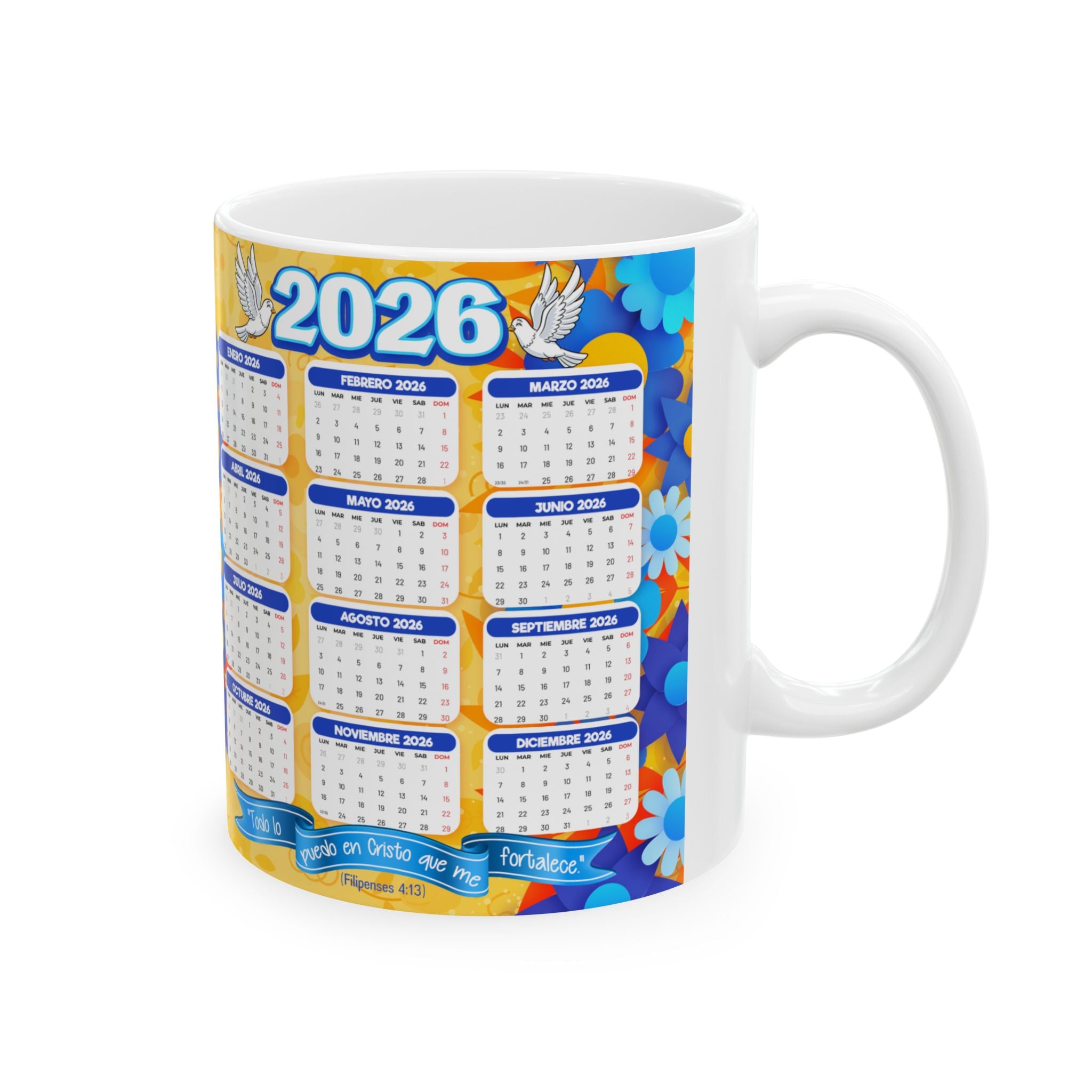 Jesus 2026 Floral Calendar Ceramic Mug — Inspirational Religious Coffee Cup (11oz/15oz)