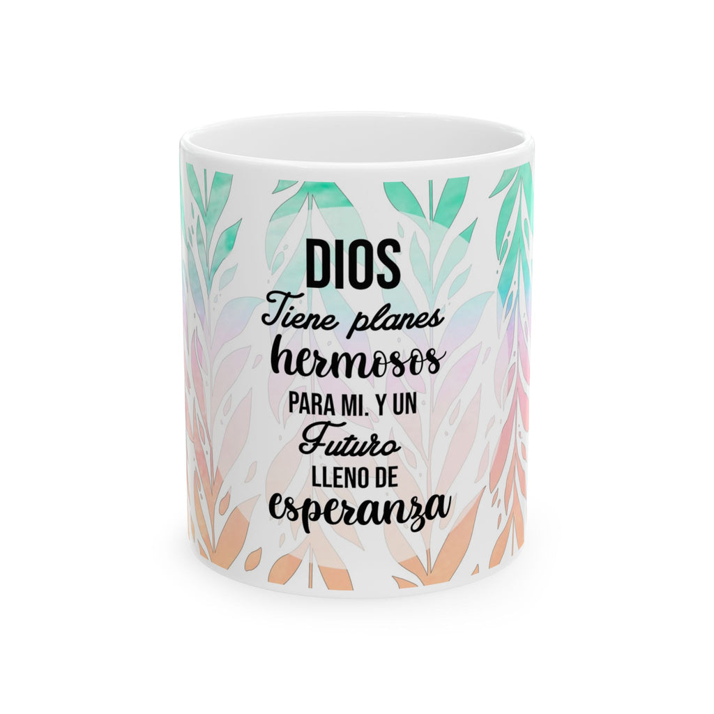 Ceramic Mug - Spanish Inspirational Quote: "Dios tiene planes hermosos para mi y un futuro lleno de esperanza" | Floral Pastel Faith Gift