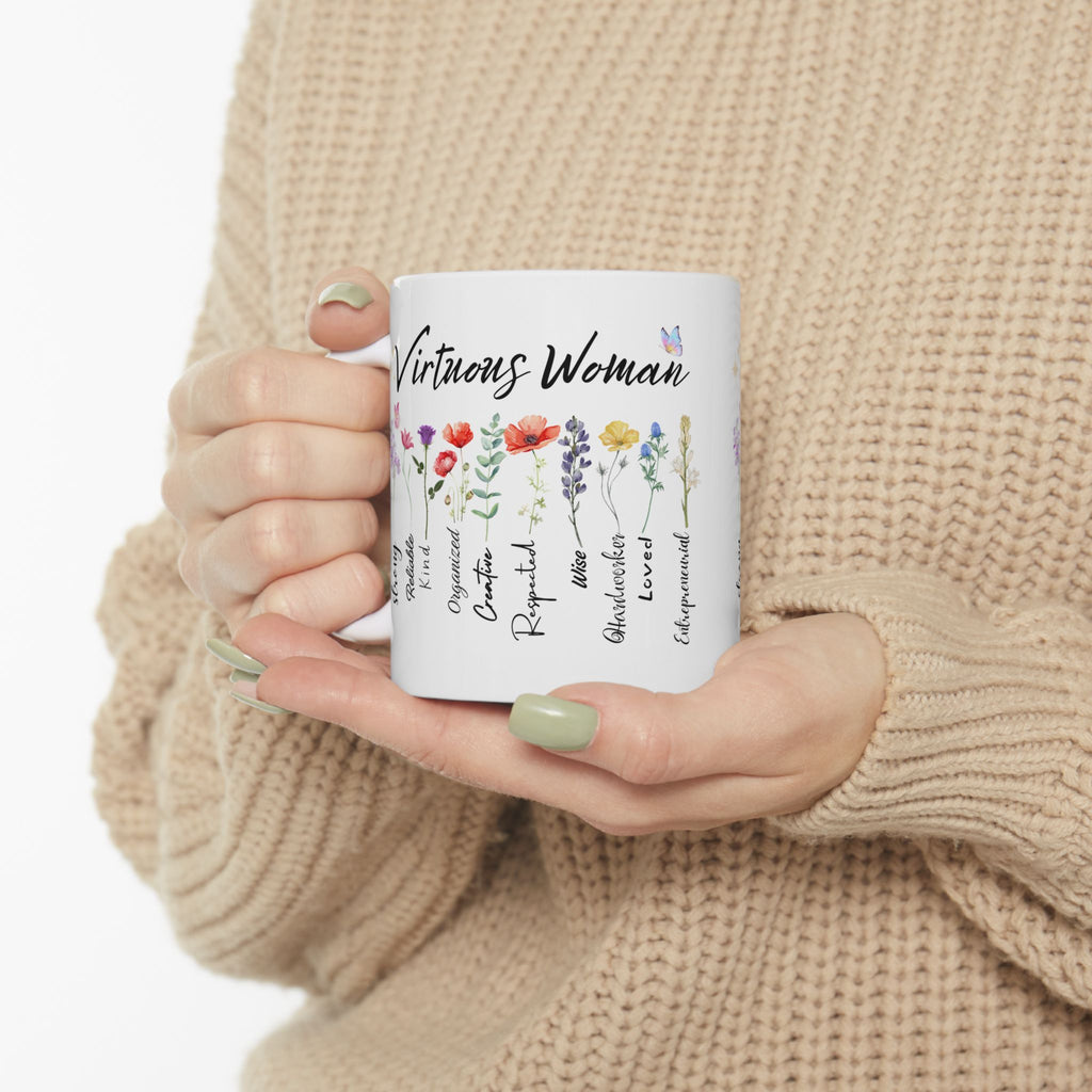 Virtuous Woman floral virtues list Mug | Ceramic coffee cup 11oz 15oz