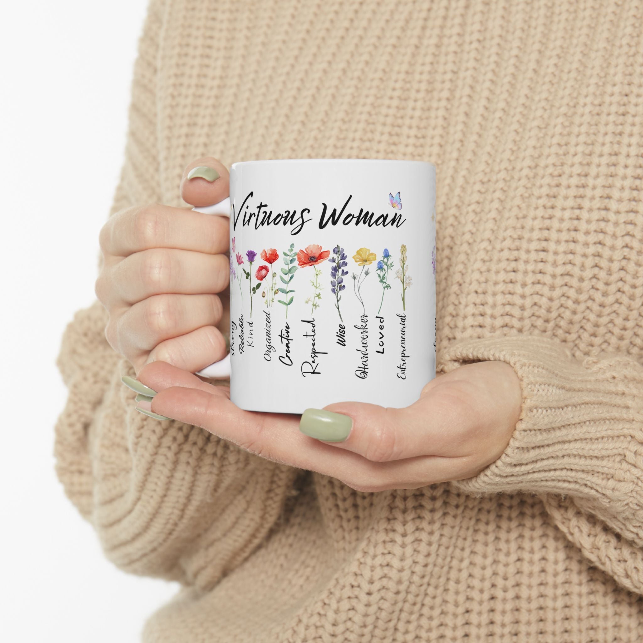 Virtuous Woman floral virtues list Mug | Ceramic coffee cup 11oz 15oz