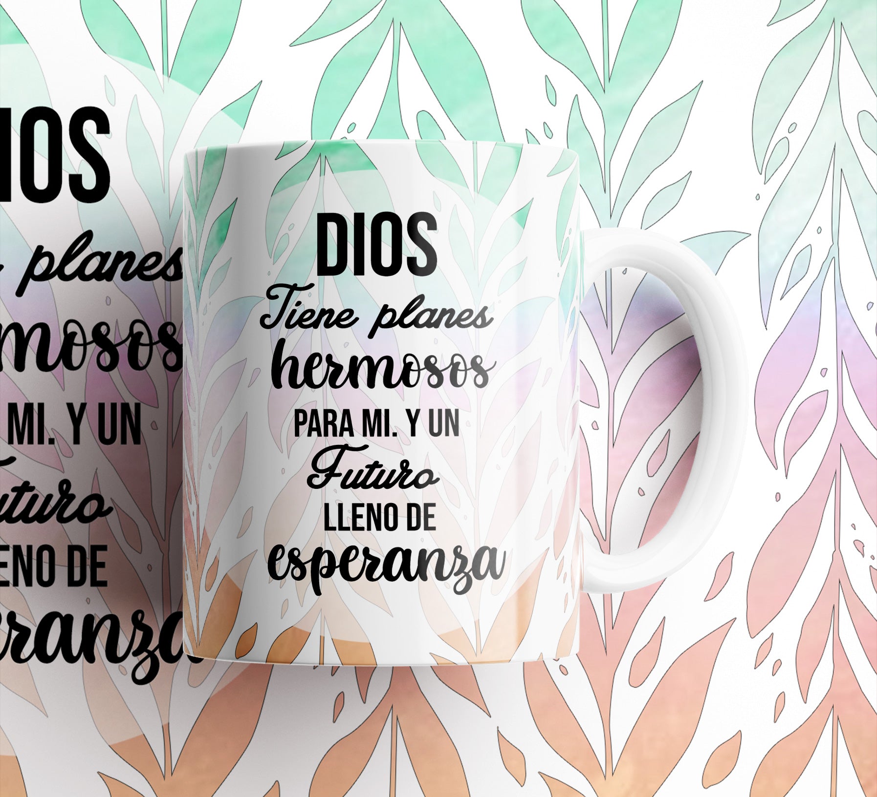 Ceramic Mug - Spanish Inspirational Quote: "Dios tiene planes hermosos para mi y un futuro lleno de esperanza" | Floral Pastel Faith Gift