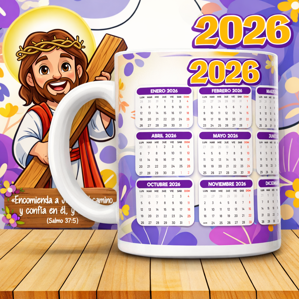 Christian Calendar Mug 2026 — Jesus Illustration 11oz & 15oz Ceramic Coffee Cup