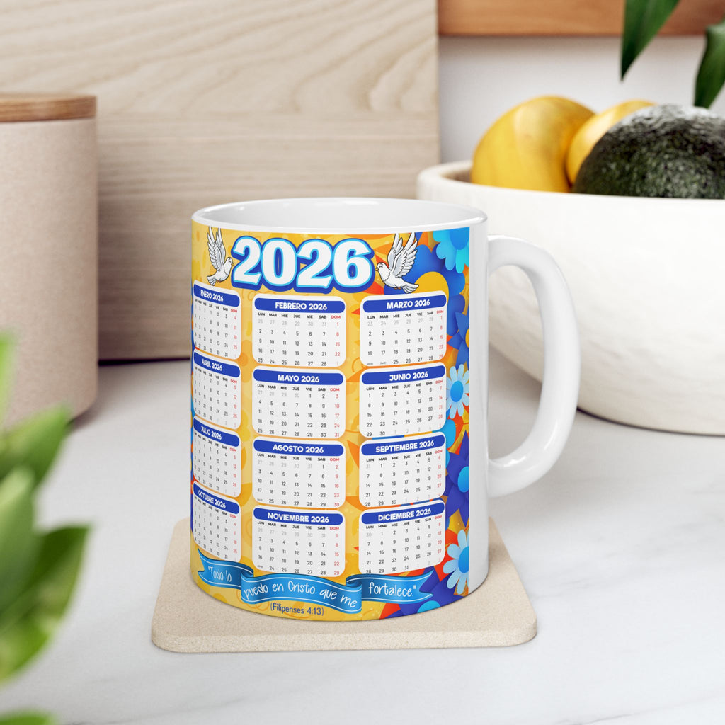 Jesus 2026 Floral Calendar Ceramic Mug — Inspirational Religious Coffee Cup (11oz/15oz)