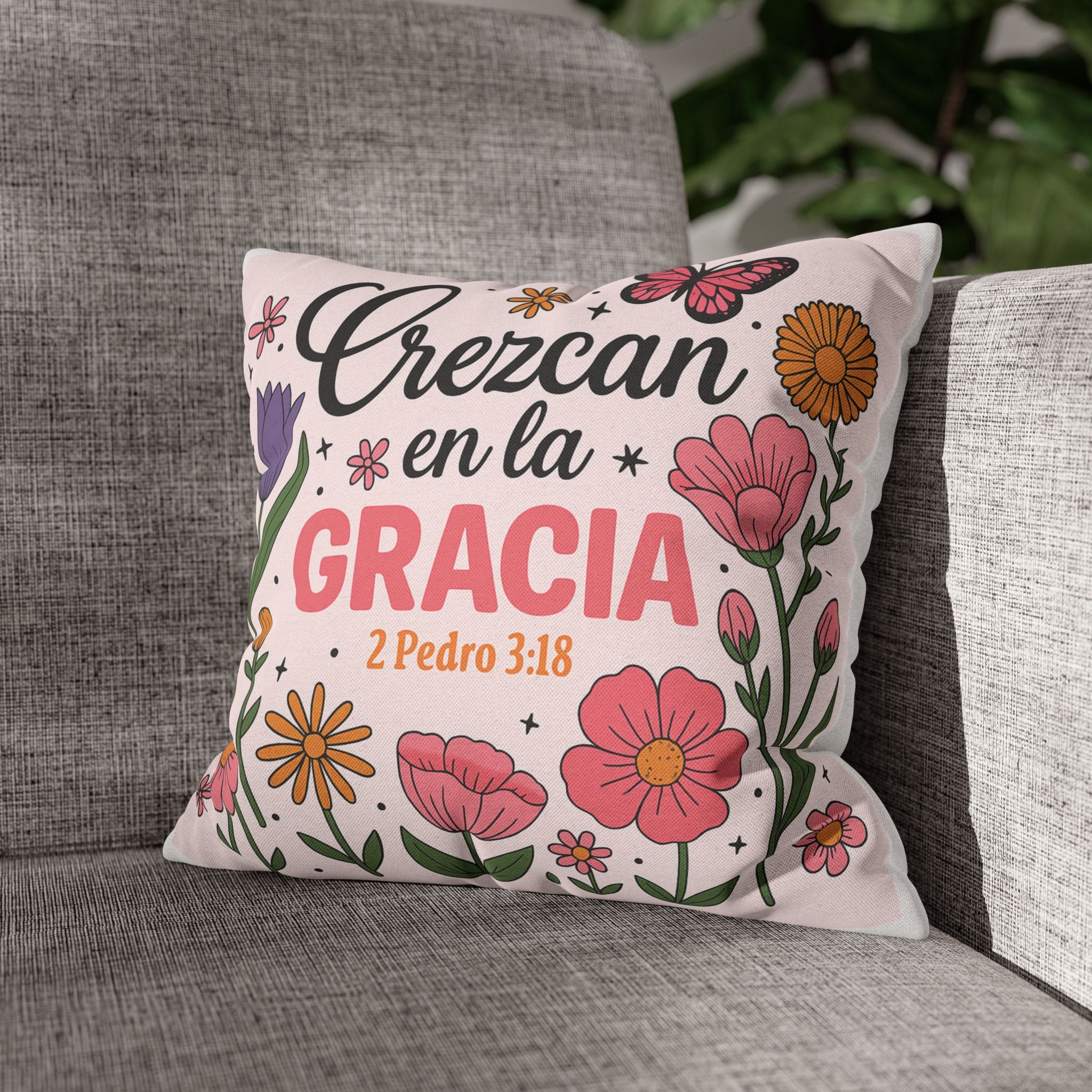 Crezcan en la Gracia pillowcase | Spanish Bible verse 2 Pedro 3:18, floral throw pillow