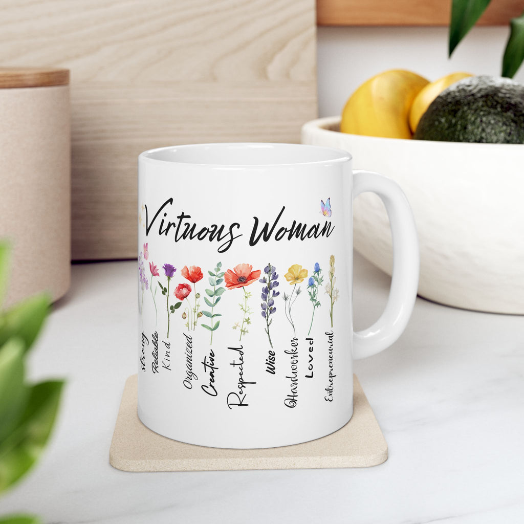 Virtuous Woman floral virtues list Mug | Ceramic coffee cup 11oz 15oz