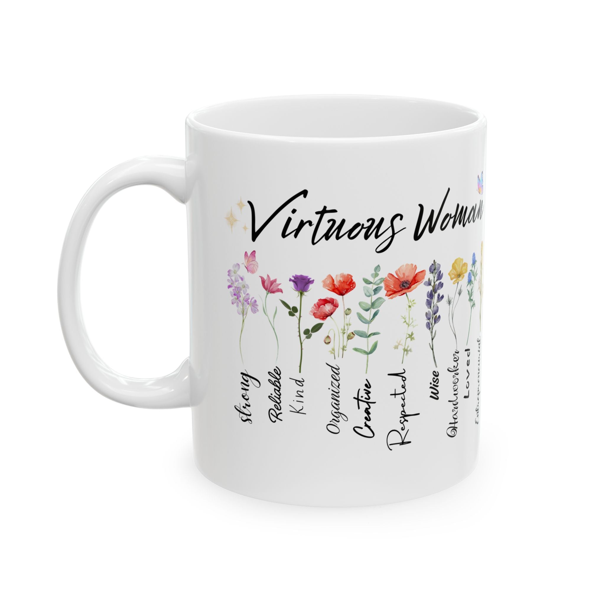 Virtuous Woman floral virtues list Mug | Ceramic coffee cup 11oz 15oz